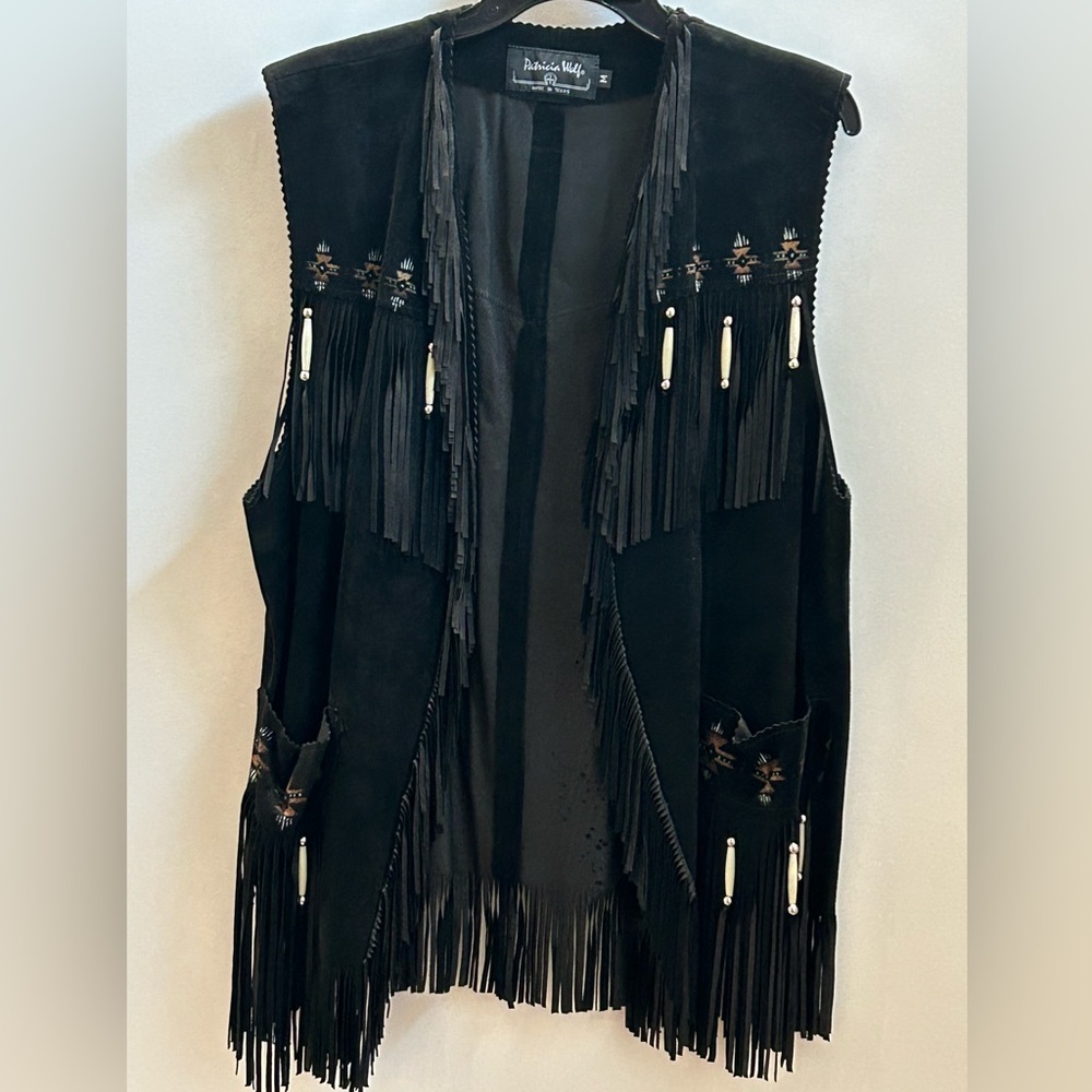 Patricia Wolf Black Sonora Suede Beaded Hand Painted Fringed Women's Vest SZ M